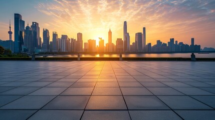 Empty square floors and city skyline with modern buildings at sunset in Suzhou, Jiangsu Province, China. high angle view