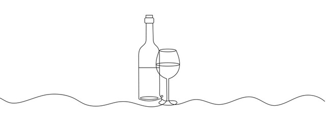 Wine continuous line vector illustration. one continuous drawn line of the bottle and a glass drawn from the hand a picture of the silhouette. Line art. a bottle of champagne wine a glass.