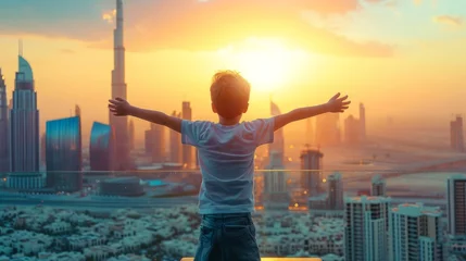  From behind, you can see the traveler boy arms spread wide as he take in the incredible view of the Burj Khalifa and the Dubai skyline © Orxan