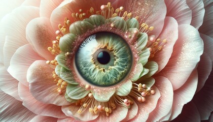 abstract floral collage with pink petals and eye - obrazy, fototapety, plakaty