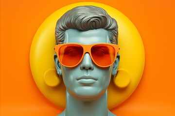 Minimal Sunglasses on Peach Fuzz Human Head Sculpture, 3D Render, Modern Art Concept