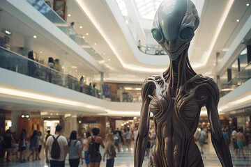 Alien walking in mall. Sci-Fi scene. Alien creature waling and running in shopping center. 