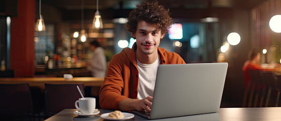 Smiling Young Man with Curly Hair Working on Laptop in a Cozy Cafe Setting at Night