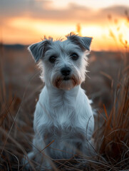 White terrier dog with spots, drooping ears and sad face in an open field among scrap metal at sunset - obrazy, fototapety, plakaty