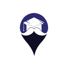 Strong education logo design template. Hat graduation with mustache and gps pin icon design.
