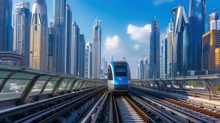 Fototapeta na wymiar Metro railway among glass skyscrapers in Dubai. Traffic on street in Dubai. Museum of the Future in Dubai. Cityscape skyline. Urban background