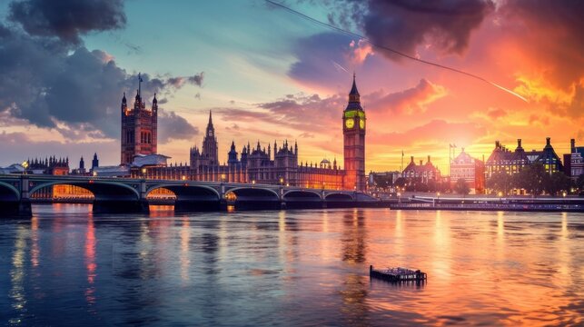 Fototapeta London cityscape with Houses of Parliament and Big Ben tower at sunset, UK