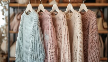 Bunch of knitted warm pastel color sweaters with different vertical knitting patterns hanging on the rack, clearly visible texture, Colorful selection of clothes for men and women