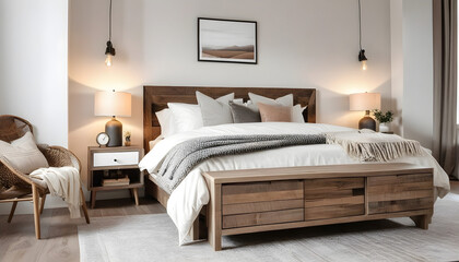 Bedside cabinet near bed. Rustic bedside cabinet near bed with beige pillows. Farmhouse interior design of modern bedroom