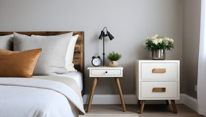 Bedside cabinet near bed. Rustic bedside cabinet near bed with beige pillows. Farmhouse interior design of modern bedroom