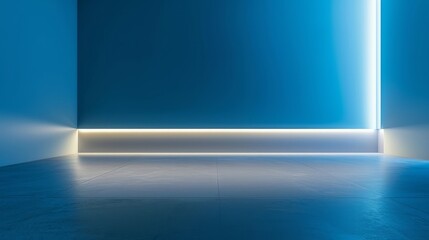 Universal minimalistic blue background for presentation. A light blue wall in the interior with beautiful built-in lighting and a smooth floor
