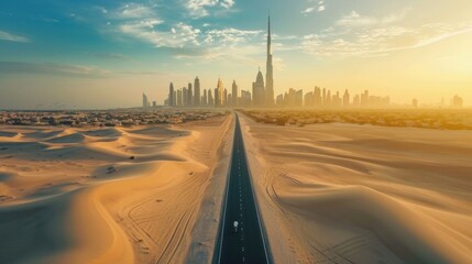 View from above, stunning aerial view of an unidentified person walking on a deserted road covered by sand dunes with the Dubai Skyline in the background. Dubai, United Arab Emirates - obrazy, fototapety, plakaty