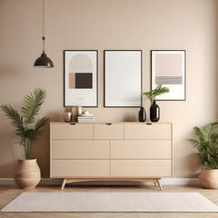 Beige living room interior with dresser and posters