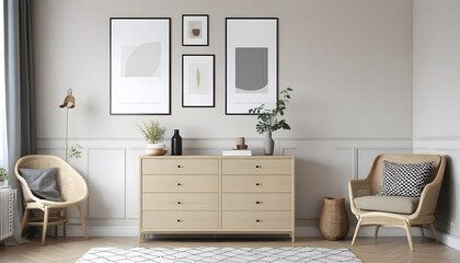 Beige living room interior with dresser and posters