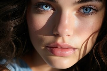 Portrait of a young woman with blue eyes and dark hair