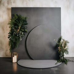 Gray concrete wall with round stage and tropical leaves decoration