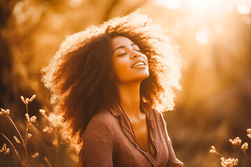 Afro american woman who, in a relaxed pose, puts her arms in the air and lifts her head into the last rays of sunshine.