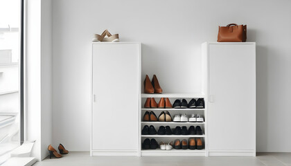 Stylish storage cabinet with different pairs of shoes near white wall in hall