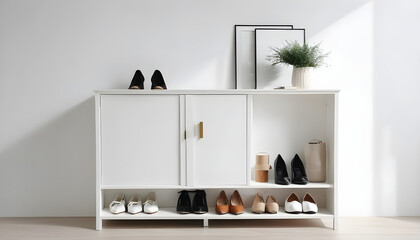 Stylish storage cabinet with different pairs of shoes near white wall in hall
