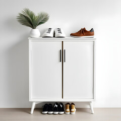 Stylish storage cabinet with different pairs of shoes near white wall in hall