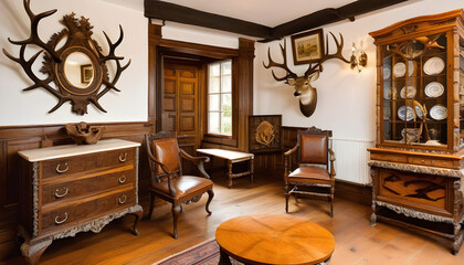 Traditional furniture and hunting trophies, carved chest of drawers, wall plaques and chairs and table made from deer antlers.