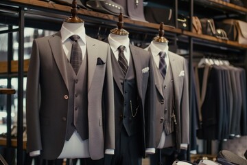 Luxurious boutique showcases fashionable suits, shirts, and jackets, offering modern elegance for discerning gentlemen.