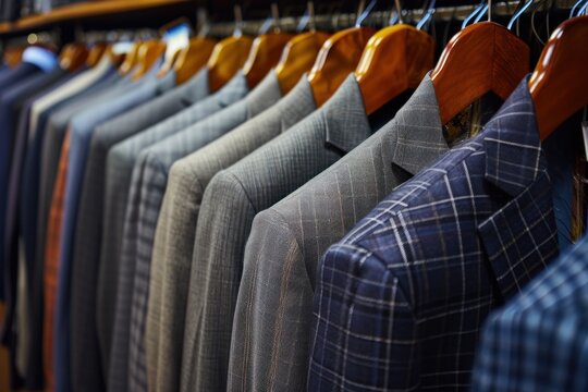 A modern fashion store with a row of stylish suits, shirts, and jackets on hangers, offering a variety of choices for the discerning businessman.