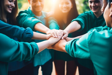 Group of volunteers joins hands together concept, Volunteer charity work. Power of male and female volunteer charity work. sustainable development goal.World environment day global community teamwork