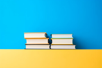 hardcover books fly on yellow and blue background