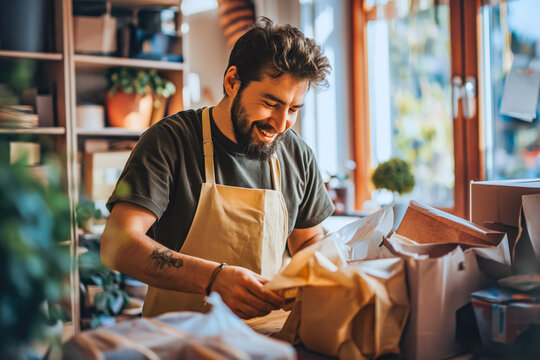 Happy Male Business Owner Packing Parcels. Small Online Business. Man Packing New Orders For Customers.