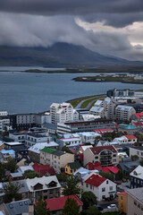 View of a small district of Iceland's capital Reykjavik and  a part of Faxaflói Bay from the...