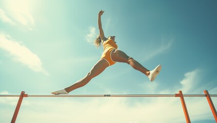 Young caucasian woman gymnast doing gymnastics on horizontal bar - obrazy, fototapety, plakaty