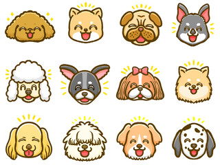 色んな犬種の笑顔のアイコンイラスト素材セット