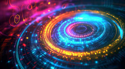 Obraz premium Vibrant Neon Circles Forming An Intricate Tech-inspi Capture Technology Wallpaper