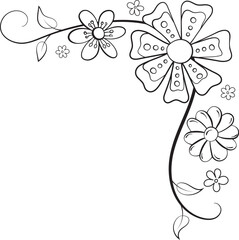 b&w corner border with 7 flowers, a vine and 4 leaves