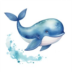 Fototapeta premium Cute blue whale in watercolor technique, big and to the point smiling whale 