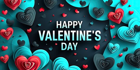 romantic happy valentine's day text with hearts on black Generative AI