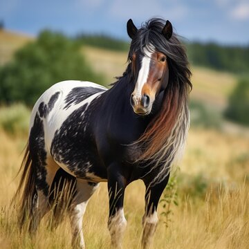 A Pinto Horse Standing in a Field of Tall Grass