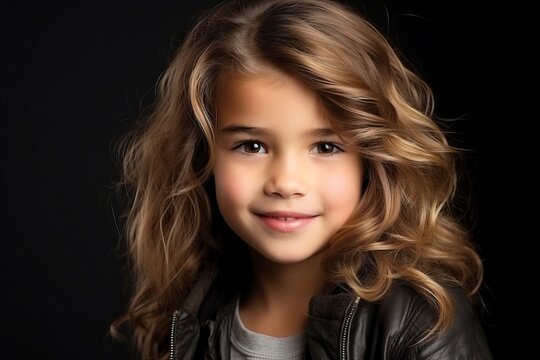 Portrait of a cute little girl with long curly hair over black background
