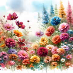 Fototapeta na wymiar Watercolor of colorful spring flowers in nature