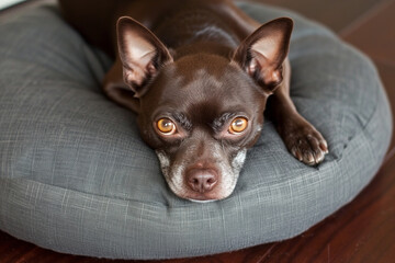 Adorable Brown Chihuahua Puppy Enjoying Comfortable Bed