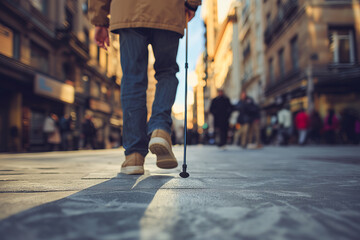 A Visually Impaired Person Using a White Cane on a Busy Street