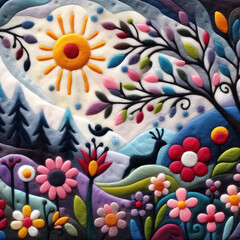 Felt art patchwork, Spring flowers in nature, Beautiful blooming flowers. Spring-summer garden, fairy tale nature
