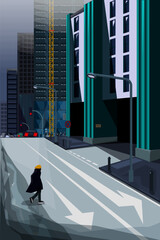 man crossing the street in a modern city, vector illustration