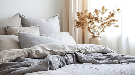 Fototapeta na wymiar Pastel beige and grey bedding on bed. Minimalist, french country interior design of modern bedroom