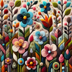 Felt art patchwork, Spring flowers in nature, Beautiful blooming flowers. Spring-summer garden, fairy tale nature