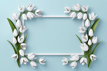 spring banner, snowdrops are arranged around a white frame with a place for text,on a blue background, the concept of spring advertising and greeting cards