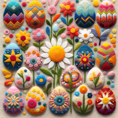 Fototapeta na wymiar Felt art patchwork, Easter eggs with spring flowers, colorful holiday