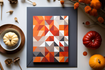 An abstract and contemporary Thanksgiving card design, featuring bold geometric shapes and rich autumnal colors, creating a modern and visually striking expression of gratitude.