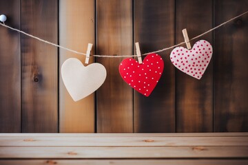 Hanging love Two hearts on clothesline, wood background with space